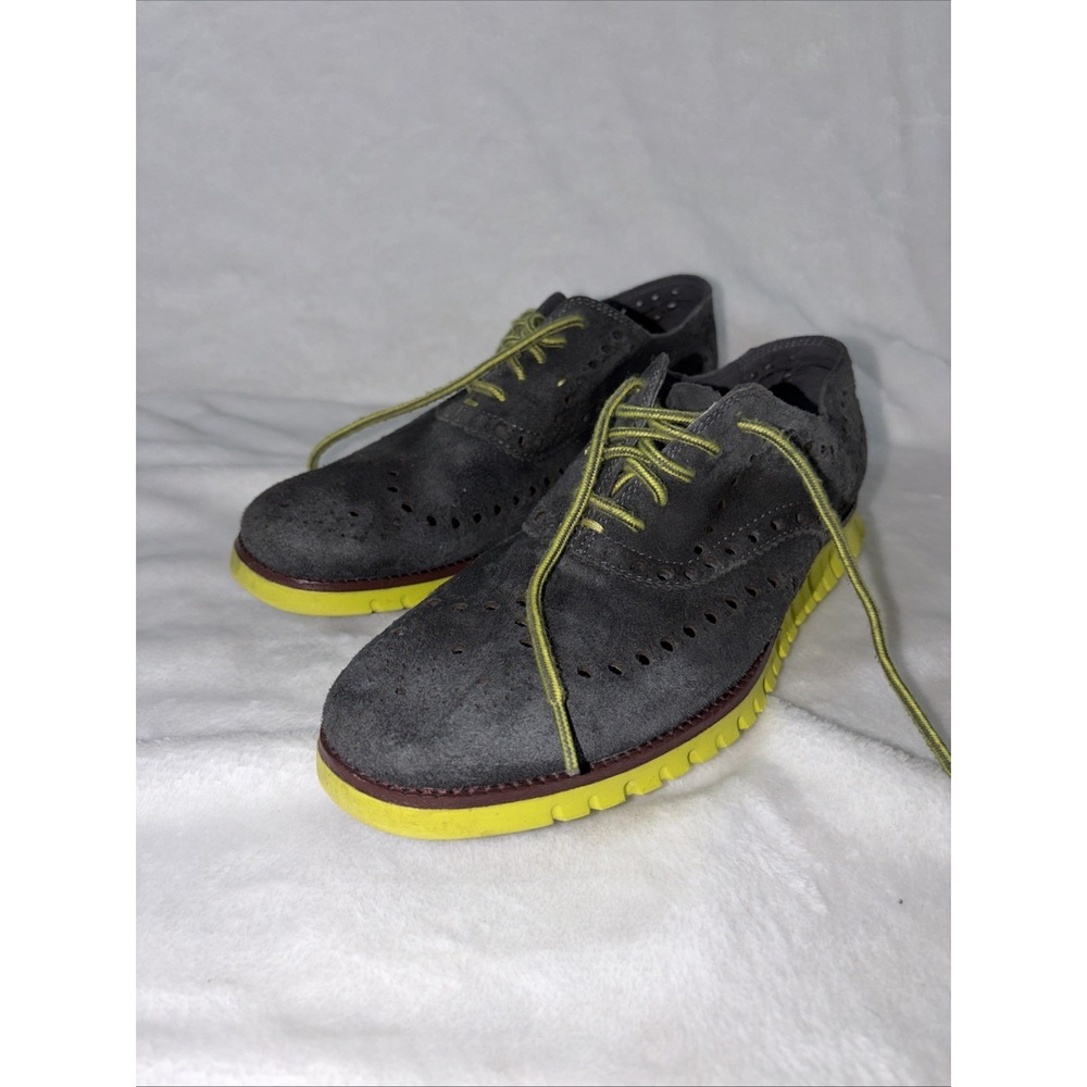 Cole Haan Zerogrand Wing Oxford shoes 8M Gray Suede Lime Green Sole Breathable